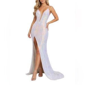 Jovani Sequined Backless Thigh Slit Long Evening Gown White Size 10 Formal Dress